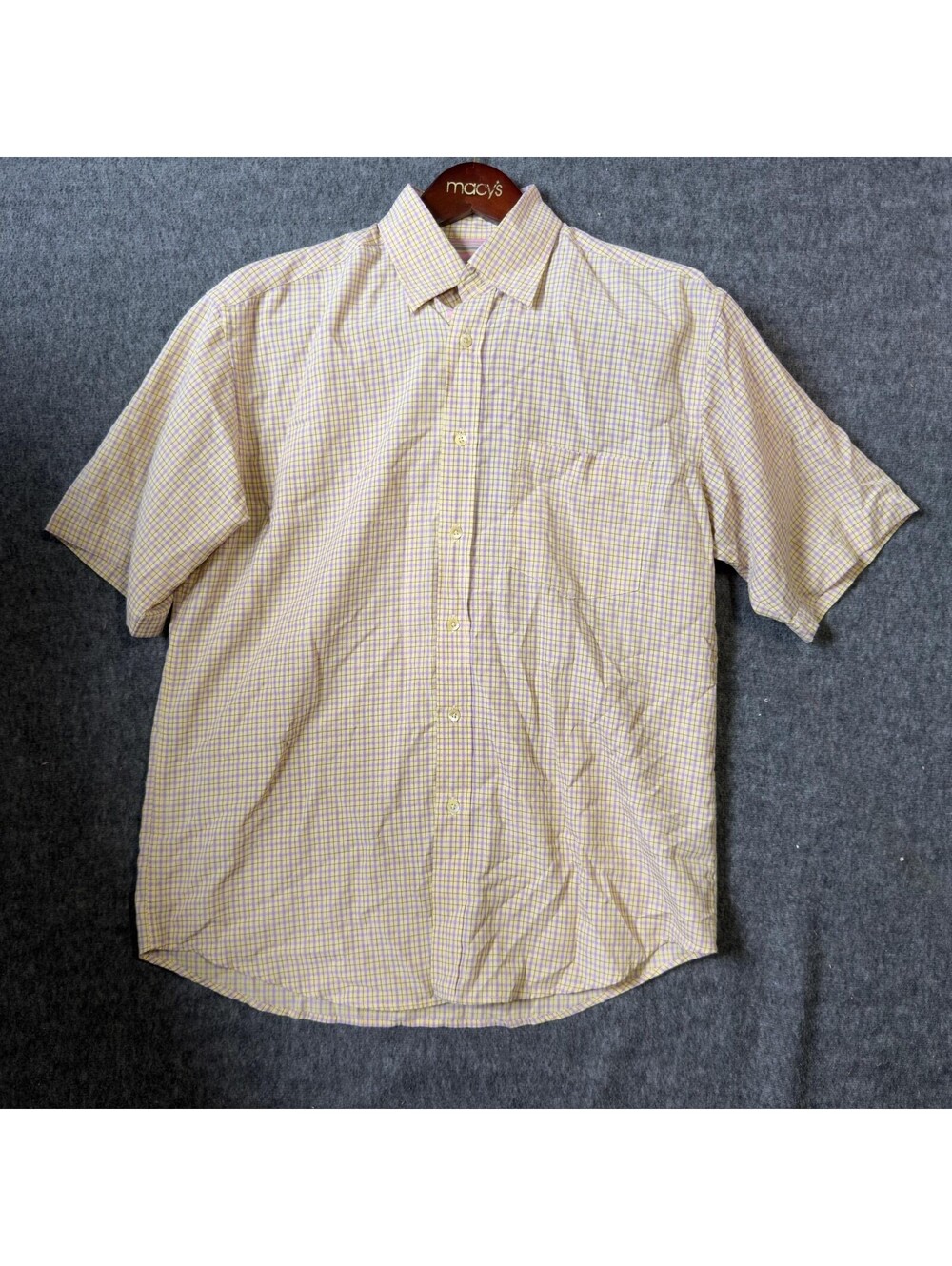 Bugatchi Button Up Shirt Mens M Yellow Check Modal Blend Short Sleeve Casual